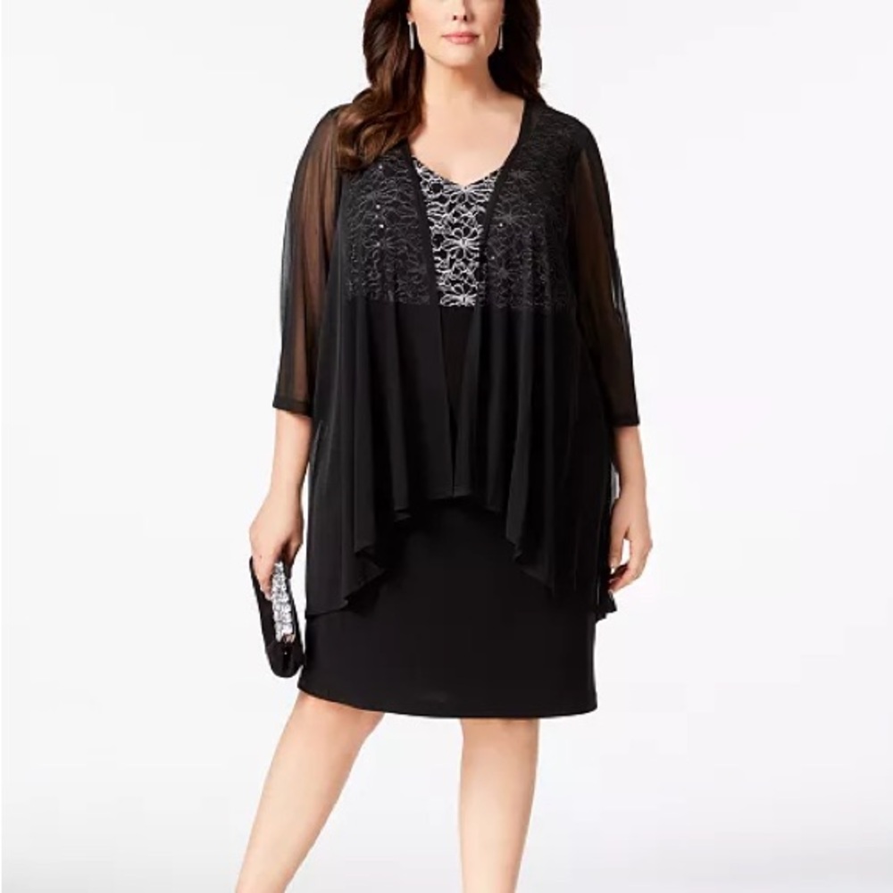 NWT Connected Apparel Black and Silver Dress with Sheer Jacket Overlay Size 20W
